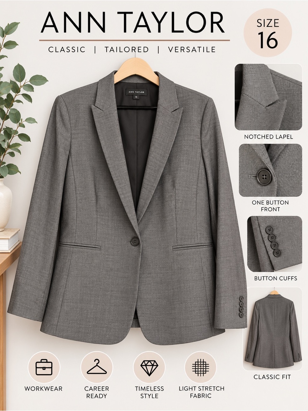 Ann Taylor Size 16 Gray One Button Blazer Classic Career Workwear